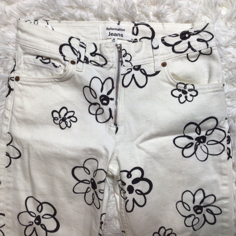 Reformation Julianna Organic Cotton Zip Straight Mid Rise White Black Flower 26 - Picture 4 of 10